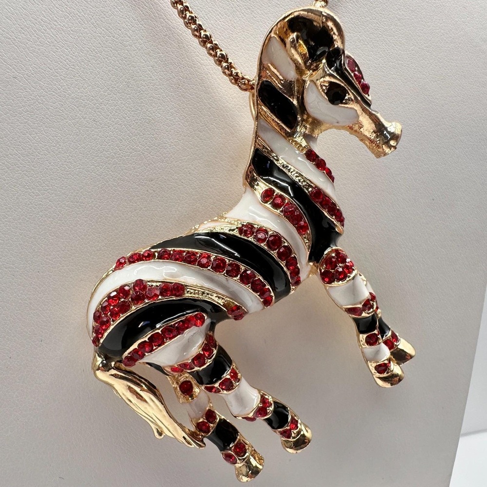 Vintage 90s Betsey Johnson Zebra Pendant Necklace Red Rhinestone Fashion Jewelry - Picture 5 of 13